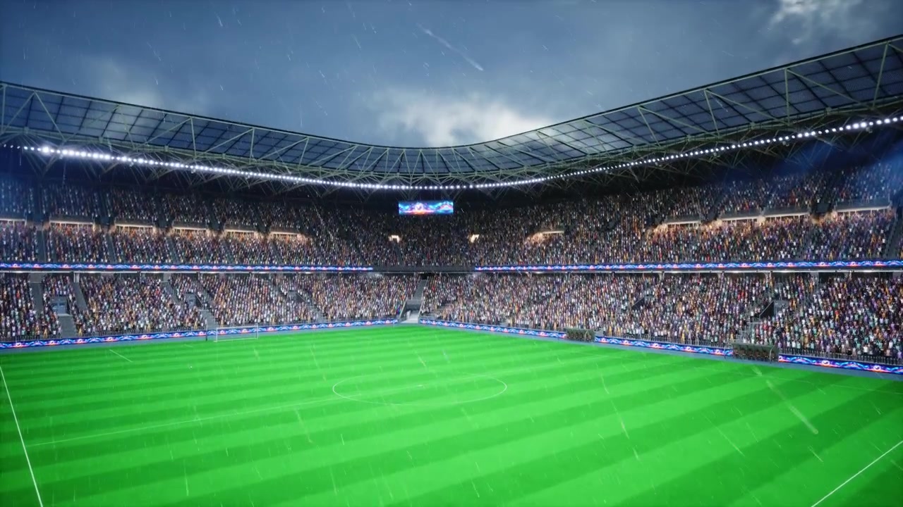 Stadio di calcio renderizzato in 3D con campo bagnato durante una giornata di pioggia nuvolosa.