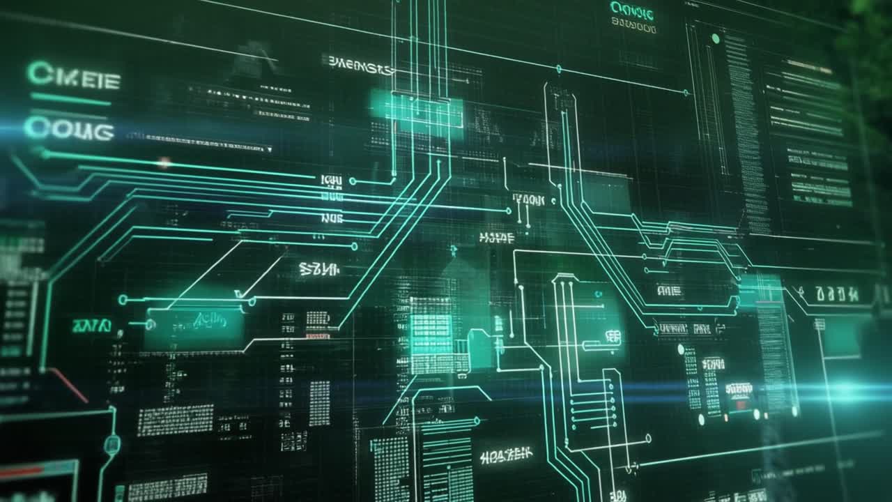 High-Tech Digital Interface with Glowing Green Lines and Data