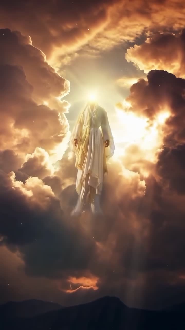 Figura eterea che ascende tra nuvole spettacolari, ripresa dal basso, simile a una scena video