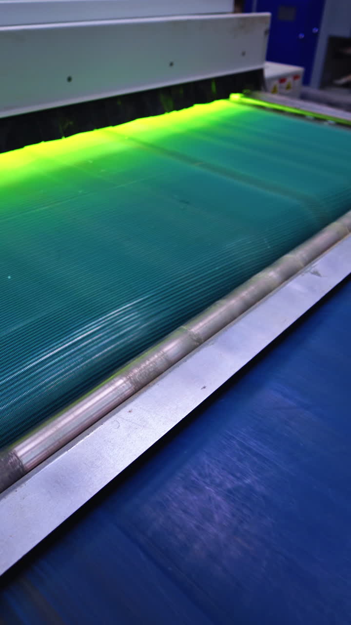 Interior of furniture factory. Production line of parquet board. Modern industrial factory for laminated flooring. Vertical video