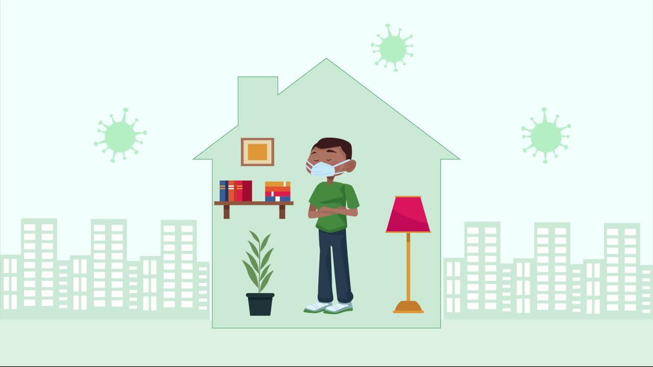 코로나19를 예방하기 위해 의료 마스크를 착용한 아프로 남자가 집에 있습니다.