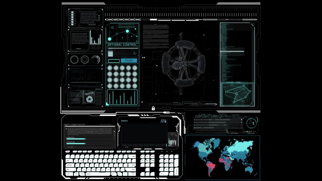 Futuristic HUD Displaying Data and 3D Model with World Map