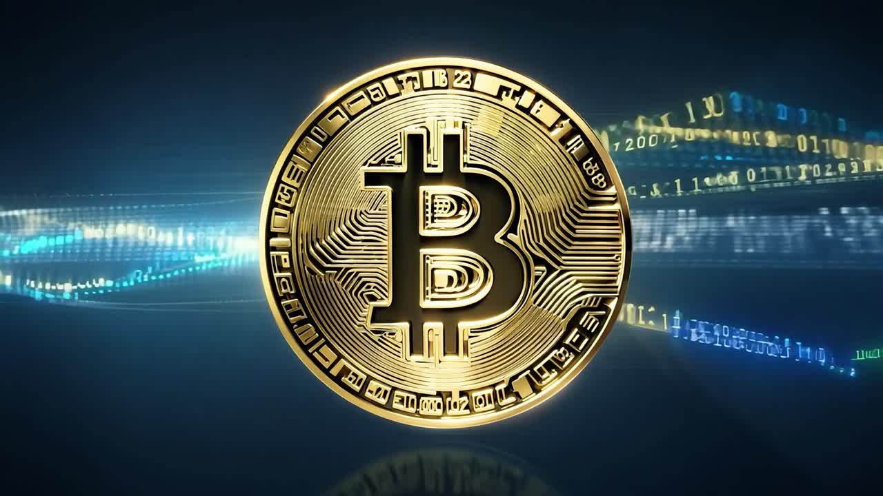 el bitcoin dorado gira con un gráfico financiero dinámico en azul, amarillo y verde. concepto de criptomoneda que muestra tendencias y análisis del mercado