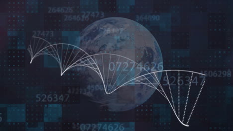 Animation-Des-DNA-Strangs-Und-Der-Datenverarbeitung-über-Dem-Globus-Auf-Dunklem-Hintergrund