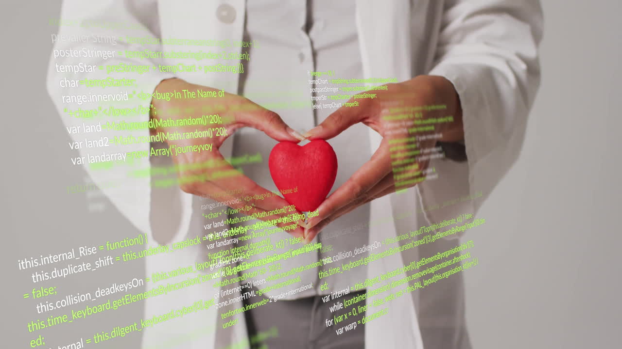 Holding red heart, doctor with code animation over medical concept
