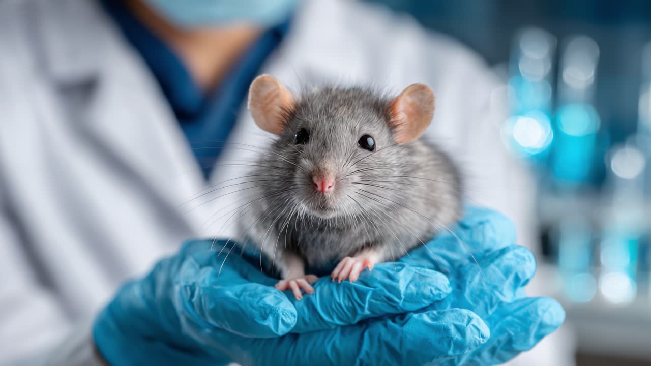 A close-up view of a laboratory researcher holding a gray rat in gloved hands, showcasing the animal's features against a backdrop of scientific equipment and test tubes