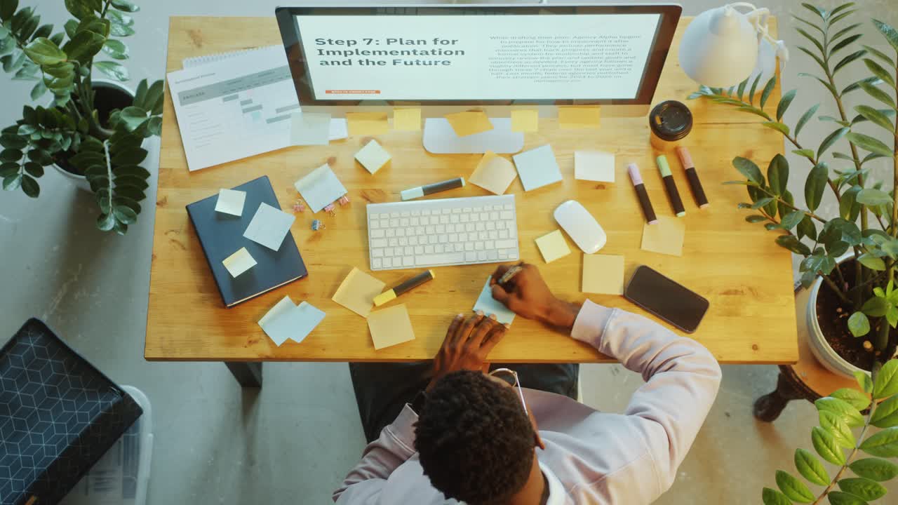 Time Lapse of Businessman Using PC and Writing Sticky Notes at Office Desk