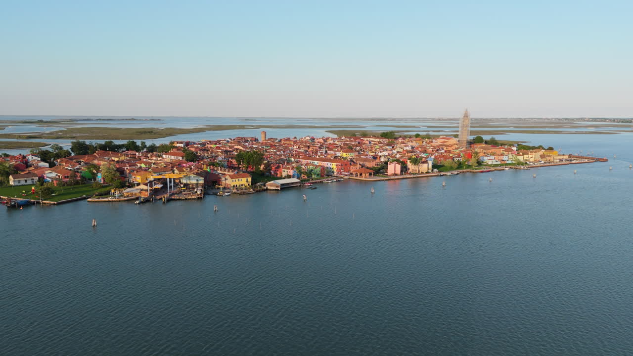 Isolated View Of Burano Charming Venetian Lagoon Island During Sunset Near Venice, Italy. Aerial Drone Shot