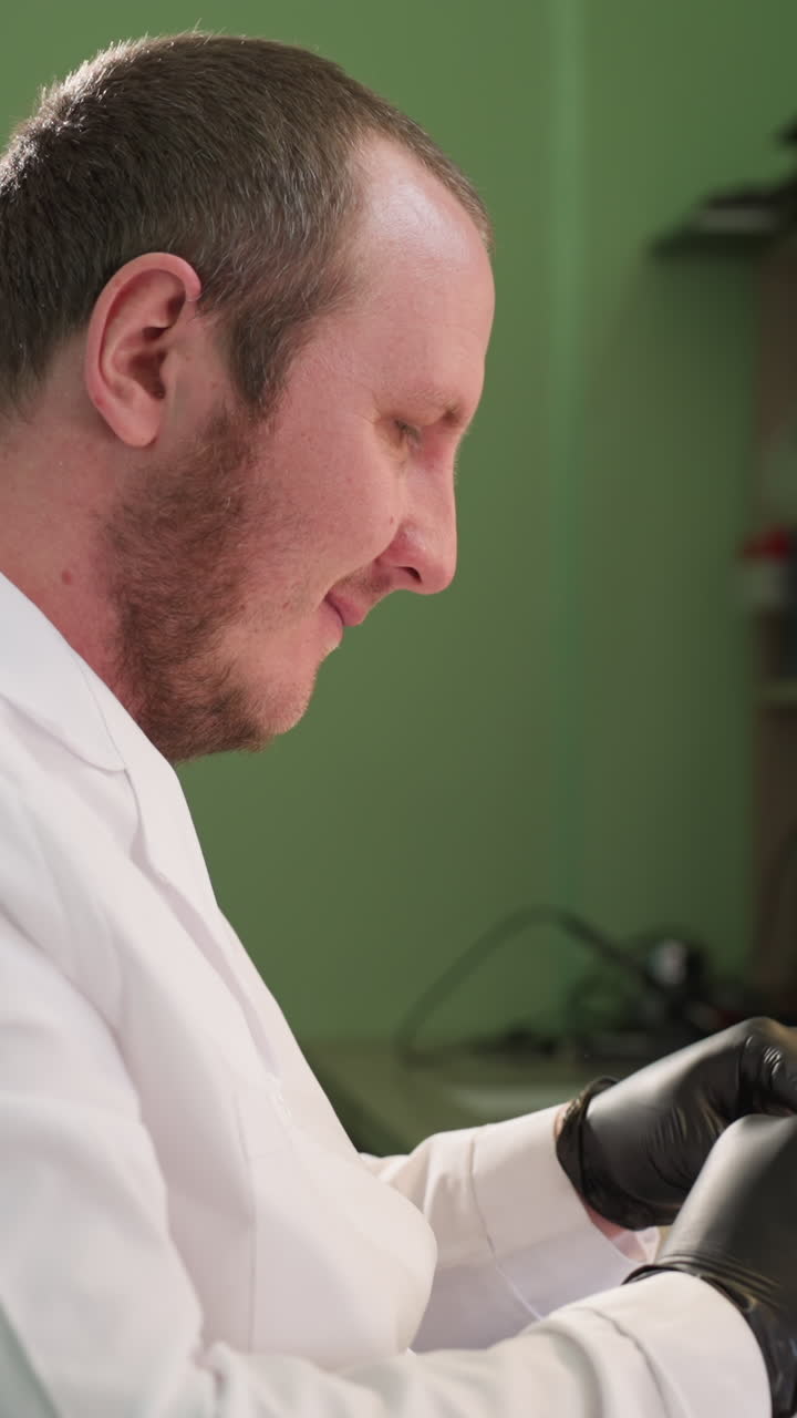 una vista central de un hombre con una bata blanca dentro de su laboratorio se quitó las gafas y dejó caer el circuito bajo un microscopio el entorno del laboratorio incluye un microscopia y varias herramientas