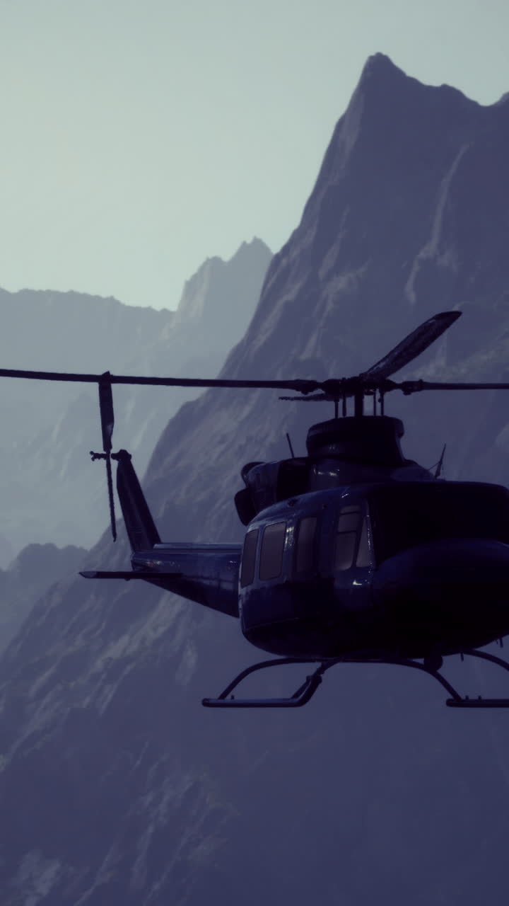 Helicopter flying over rugged mountains during dusk hours in nature