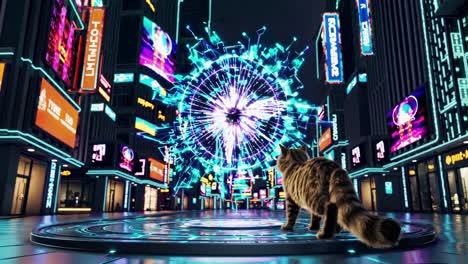 cat in a cyberpunk city portal