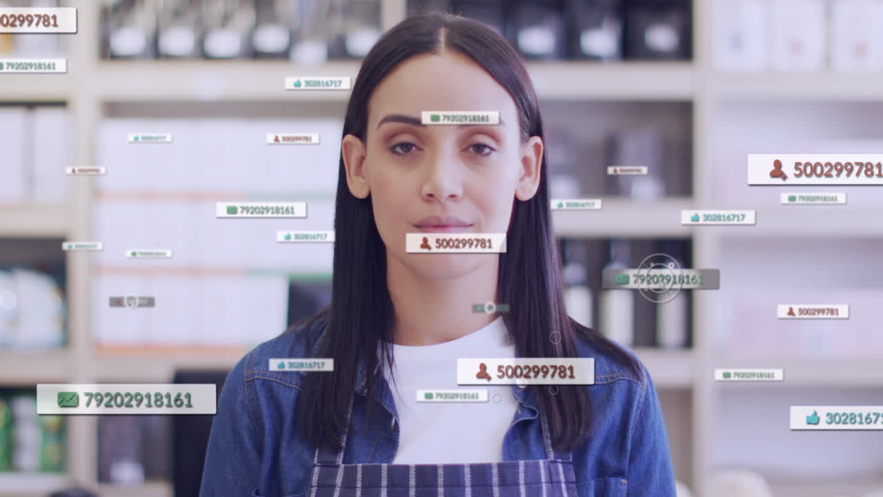 미소 짓는 백인 여성 가게 직원 위에 미디어 아이콘의 애니메이션