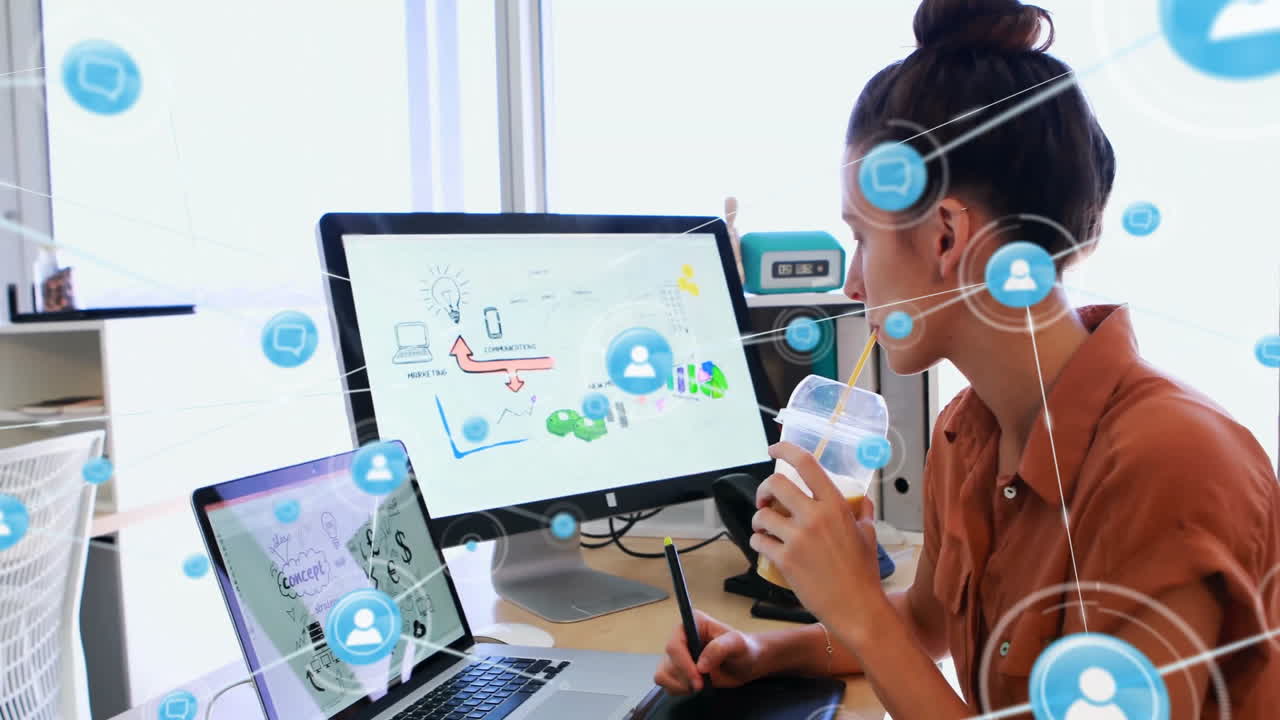 animación de la red de conexiones con la gente íconos sobre mujer de negocios caucásica en la oficina