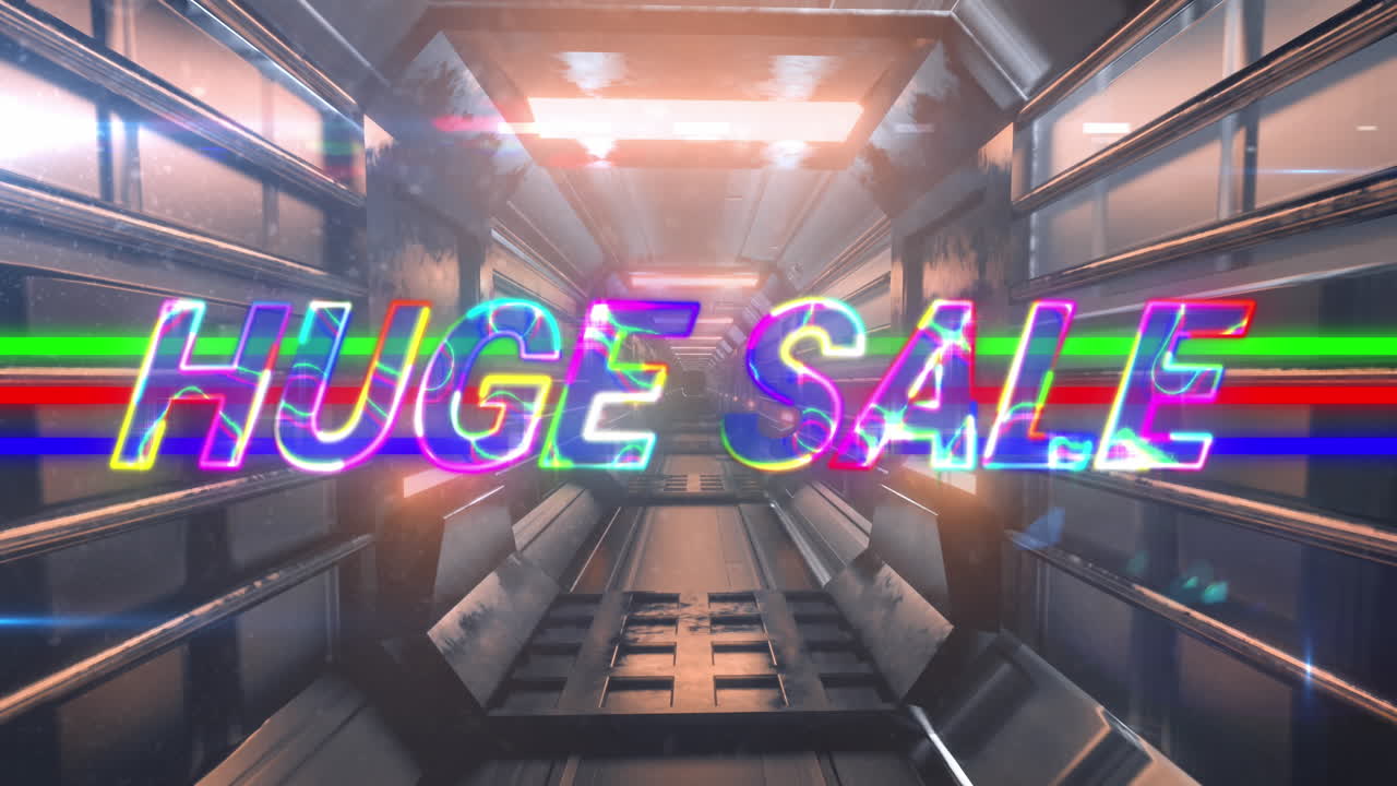 거대한 판매 텍스트에서 파동 패턴의 애니메이션 후쿠리스틱 터널을 백그라운드에서 루핑