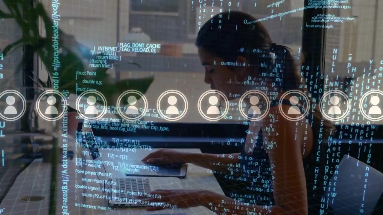 Animation of data processing over businesswoman using laptop