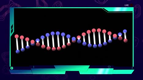 Animation-Eines-DNA-Strangs,-Der-Sich-Auf-Schwarzem-Hintergrund-über-Den-Bildschirm-Dreht