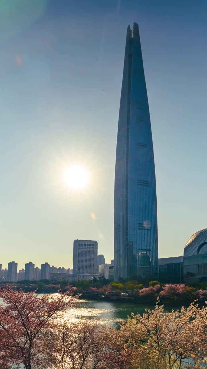 Un hyperlapse panoramico scorre da sinistra a destra rivelando la Lotte World Tower e la cupola della Sala Concerti sopra il Lago Seokchon, incorniciati da fiori di ciliegio.