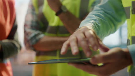 construction professionals collaborating with digital tablets