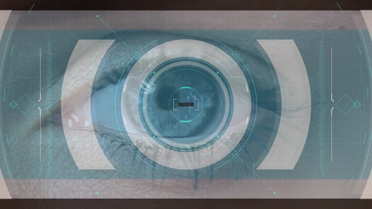 Animation of scope scanning and data processing over woman's eye