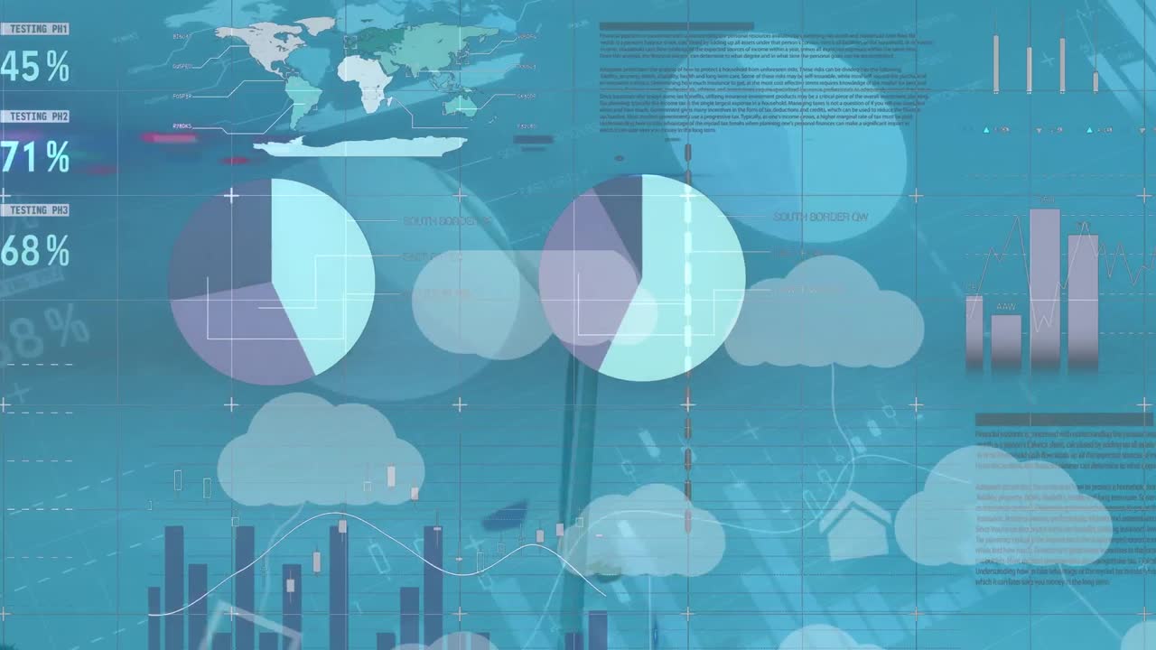 ⁇ 은 하늘을 배경으로 회전하는 풍차 위의 디지털 인포그래픽 인터페이스의 애니메이션