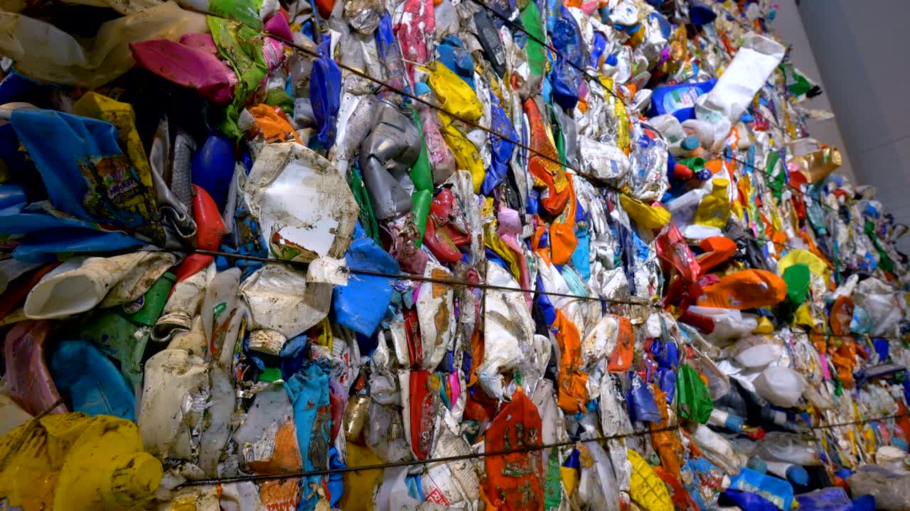 botella para mascotas lista para ser reciclada en un centro de clasificación de basura.