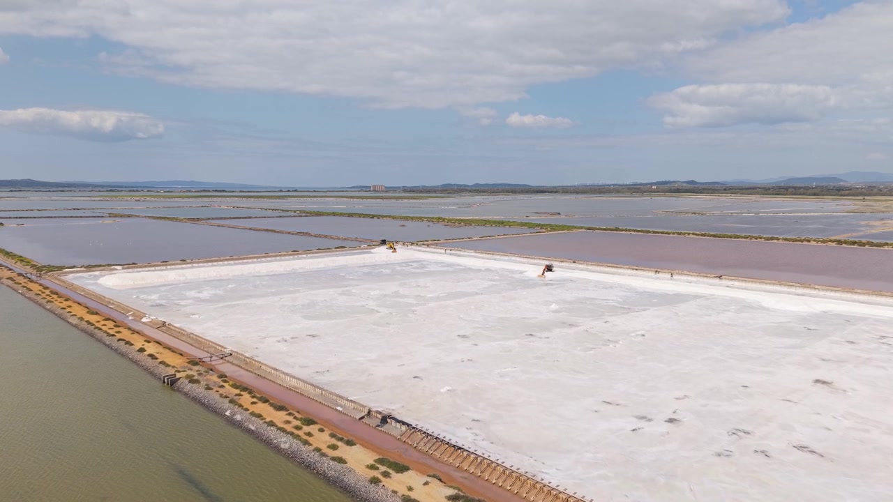 Salina di Sant'Antioco saltværk i Sant'Antioco, Sardinien, Italien, viser saltsøer og lavt vand - droneoptagelse