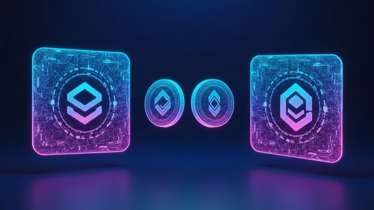 Futuristic Digital Interface Showcasing Vibrant Neon Graphics of Geometric Shapes and Icons Against a Dark Background in a Tech-Inspired Concept