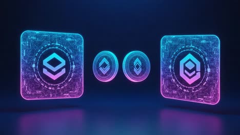 futuristic digital interface showcasing vibrant neon graphics of geometric shapes and icons against a dark background in a tech-inspired concept