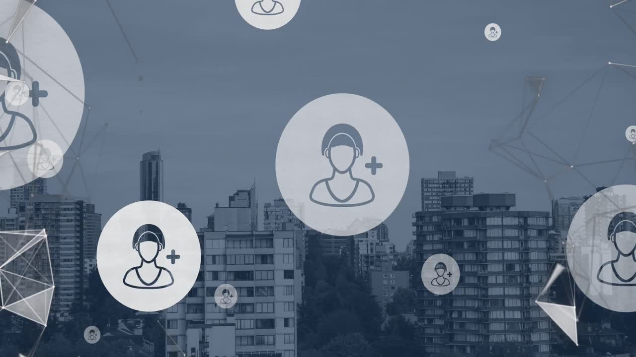 animación de la red de conexiones con iconos sobre el paisaje urbano