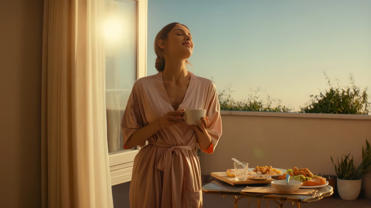 Woman Enjoying Morning Coffee and Breakfast on a Sunny Balcony