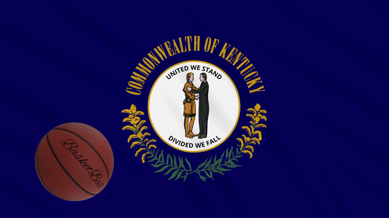 Bandiera del Kentucky che sventola e palla da basket che ruota, loop