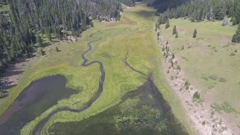 drone flies over wetlands leading into lake