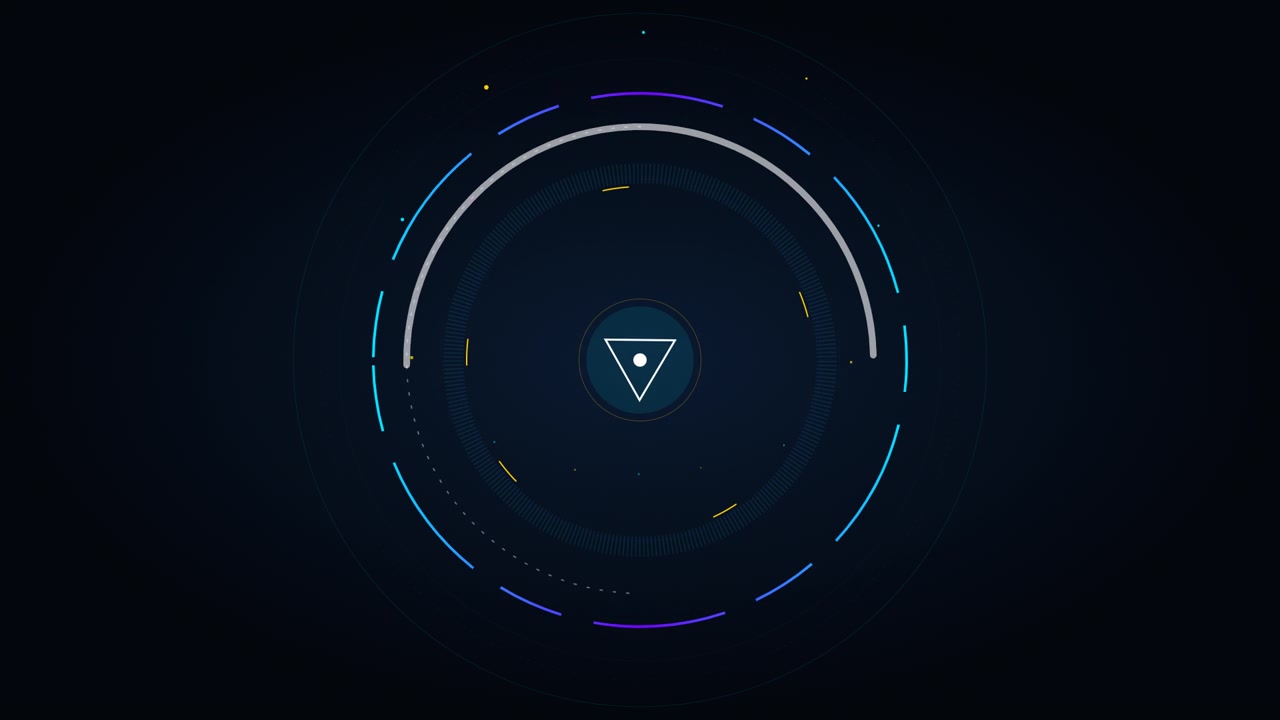 Abstract Digital Interface with Rotating Geometric Shapes and Circular Data Rings