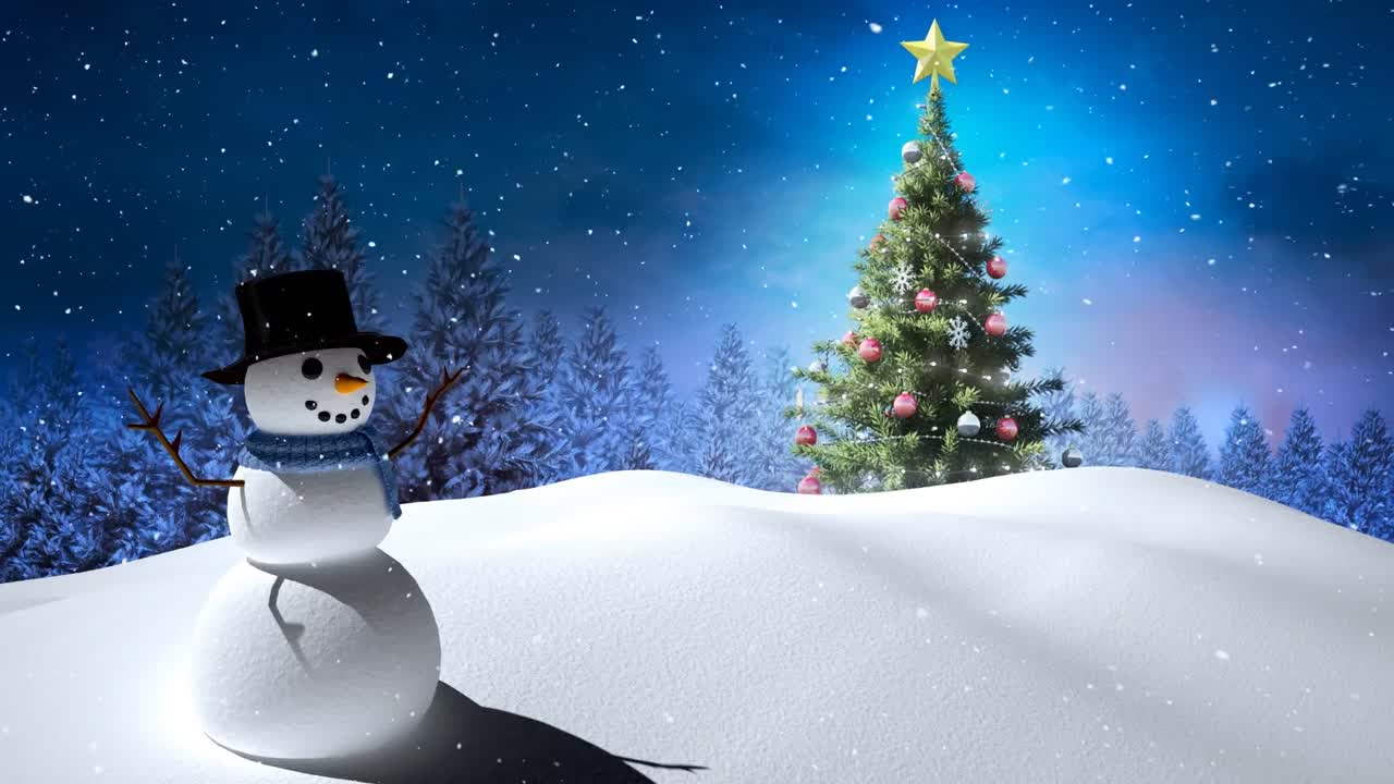 animación de nieve cayendo sobre el hombre de nieve sonriente y el árbol de navidad en un paisaje de invierno
