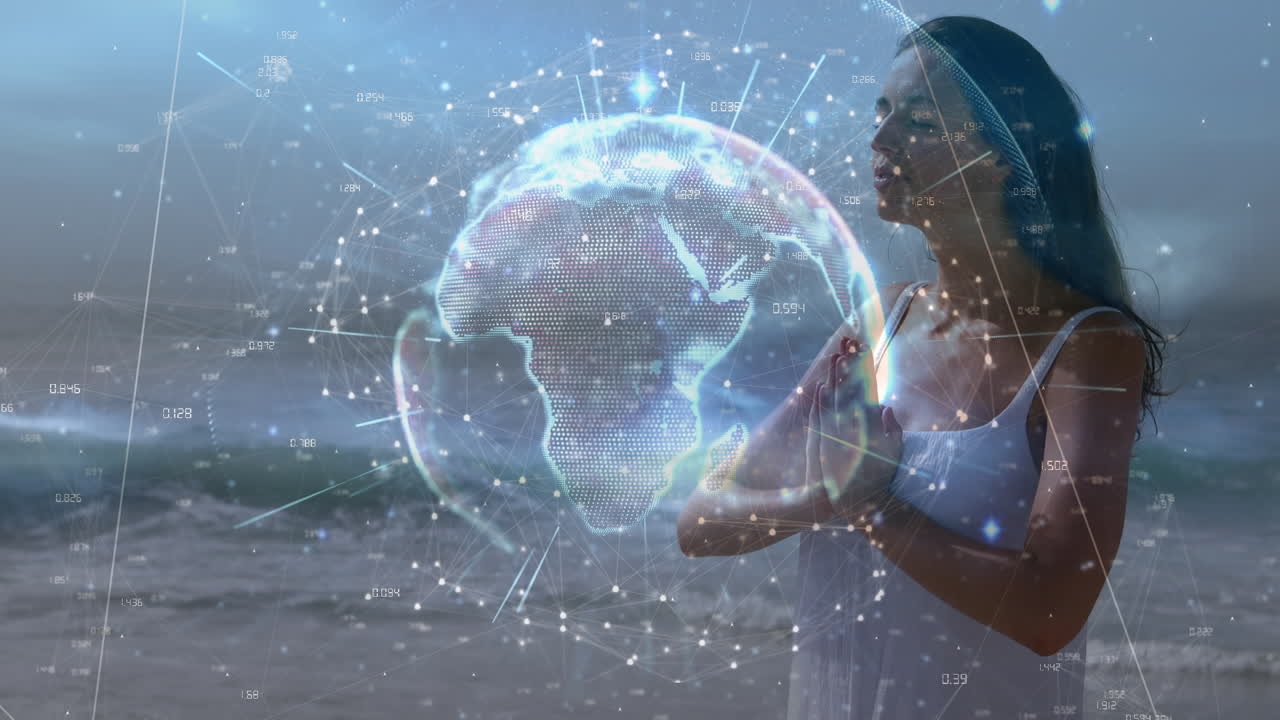 animación de un globo digital girando sobre una mujer caucásica meditando contra el mar y el cielo nublado