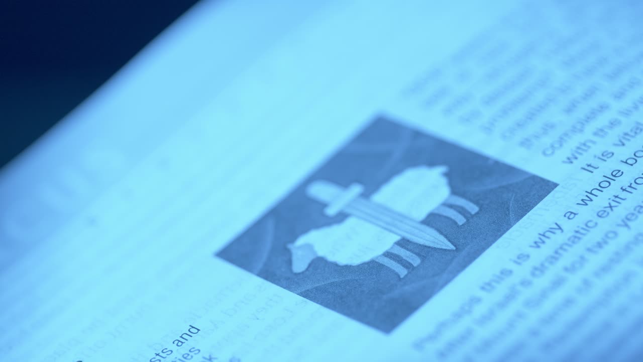 A detailed close-up shot of a Bible page featuring an illustration illuminated by soft, soothing light. Text and imagery focus create a serene and introspective mood