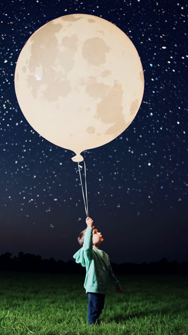 A child holds a moon-shaped balloon under a starry sky