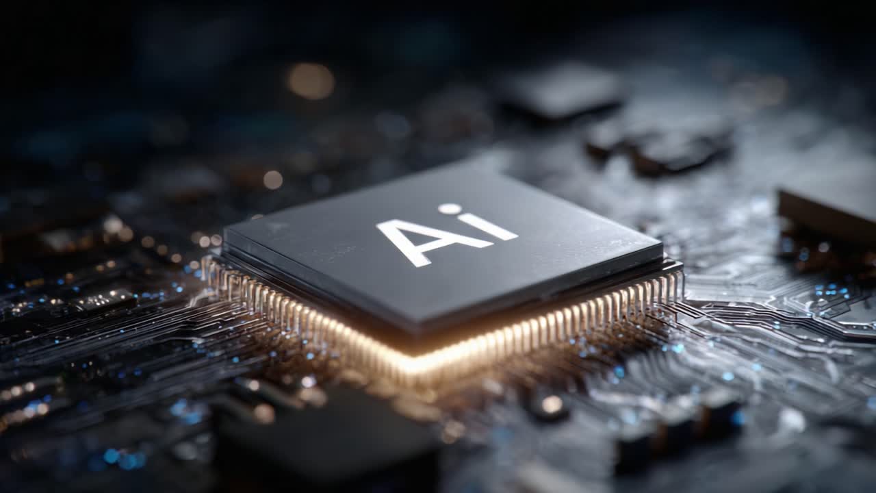 Captivating Close-up of an Advanced AI Processor on a Circuit Board, Showcasing the Intricate Details and Modern Technology in Artificial Intelligence Development
