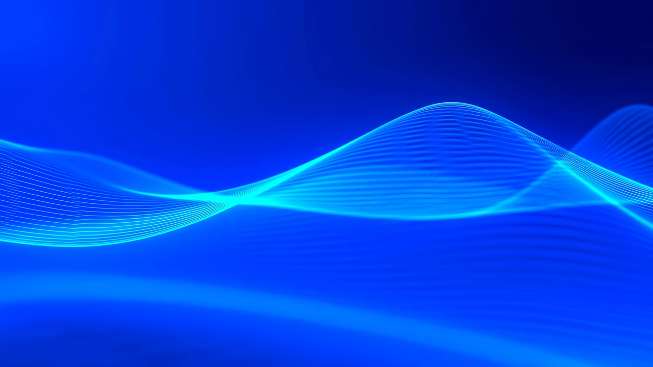 Blue Abstract Wave Lines In Motion, Smooth Neon Ribbons Flowing Across Deep Blue Gradient, Subtle Grid Of Fine