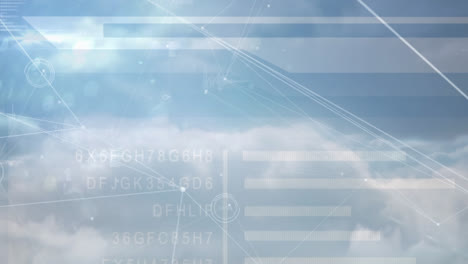 animation of letter, numbers with graph and connected dots over aerial view of dense clouds