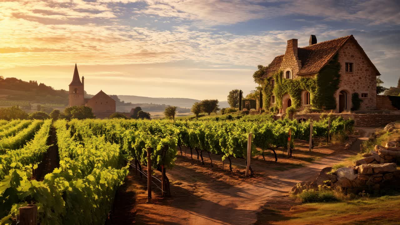 Vignoble pittoresque au coucher du soleil avec une maison rustique en pierre, capturé en contre-plongée
