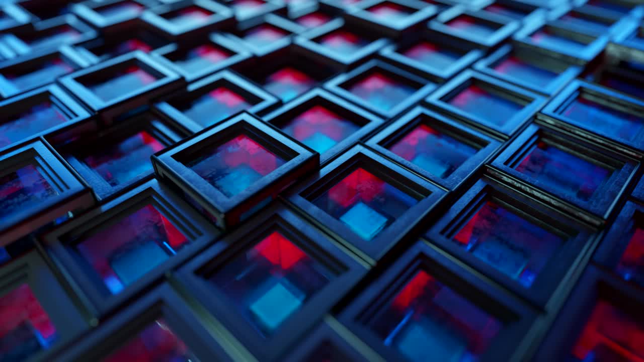 Abstract background from metal cubes with random offset effect. The glass inside the cubes reflects light. Seamless loop 3d render