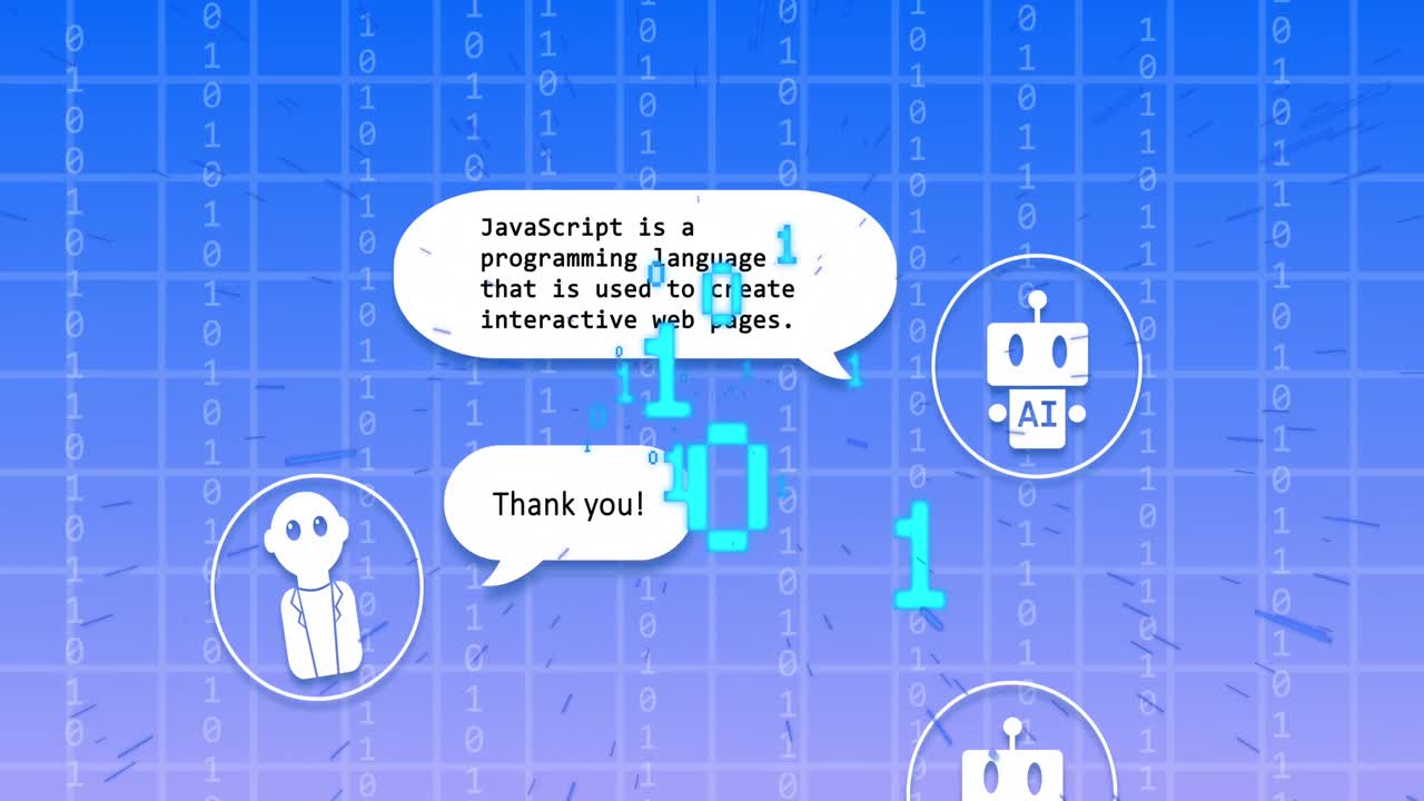 Animation of ai data processing over binary coding blue background