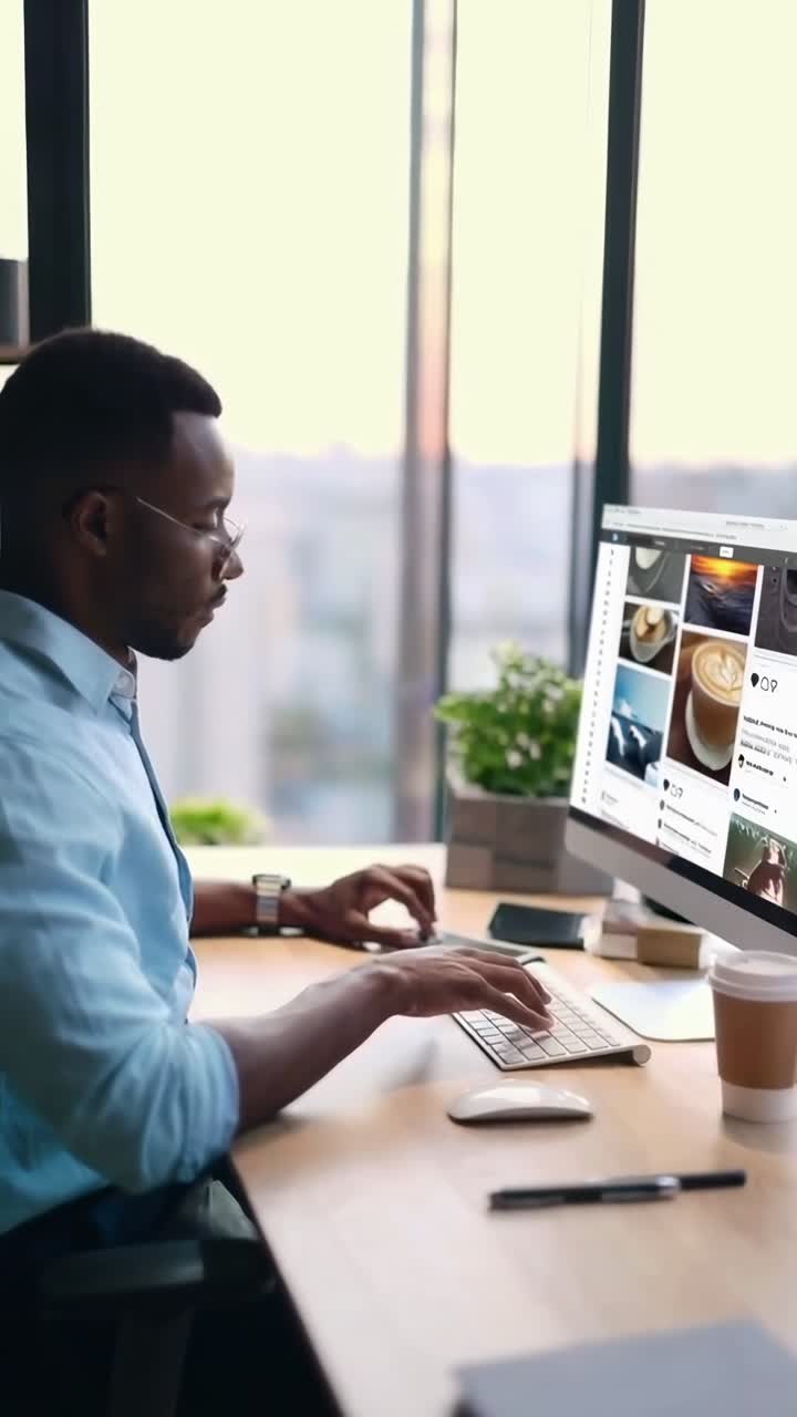 Side angle video of a man working on a computer in a modern office with large windows