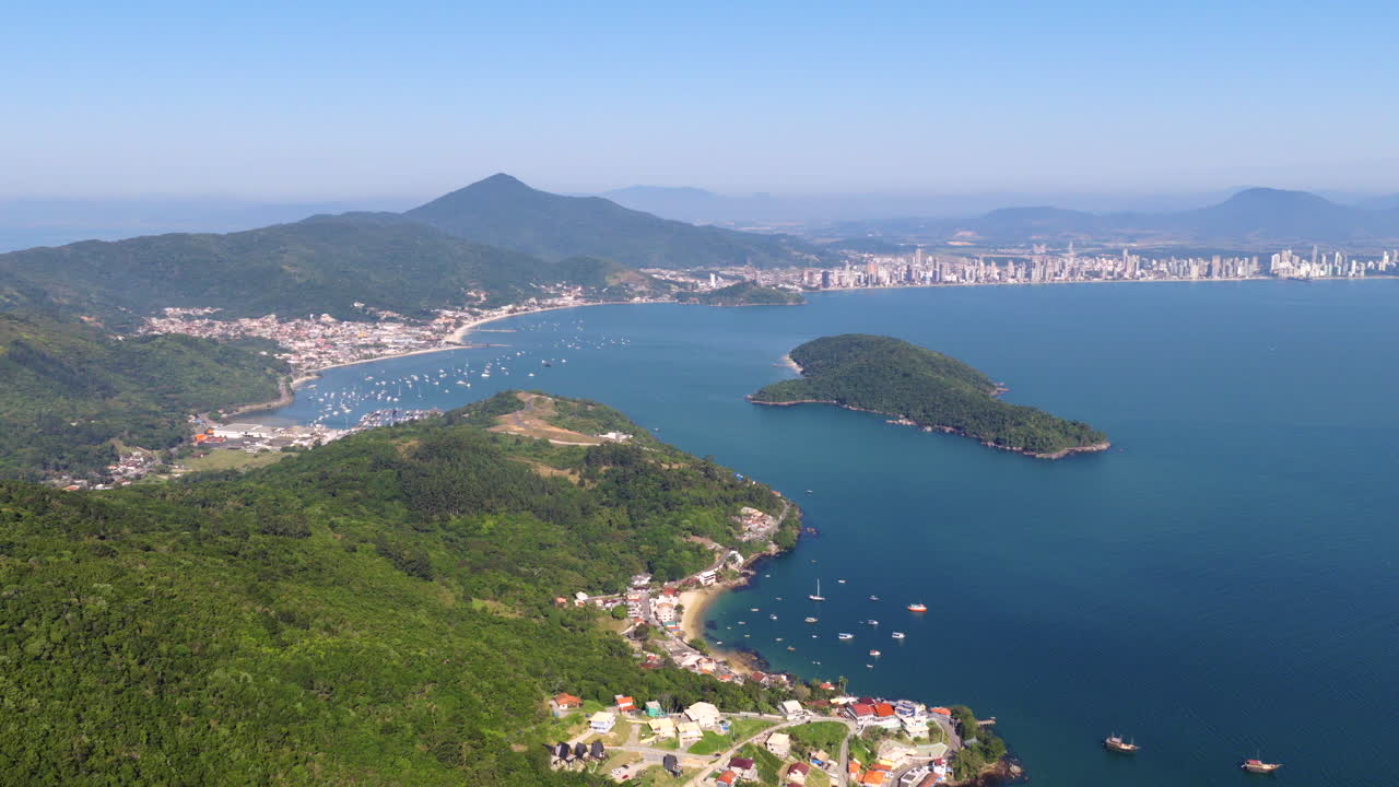 Panoramic aerial of Porto Belo bay and Itapema Meia Praia skyline in Santa Catarina, Brazil
