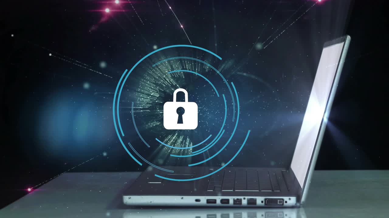 Laptop security graphics animating as hand typing on keys showing padlock and network securing data