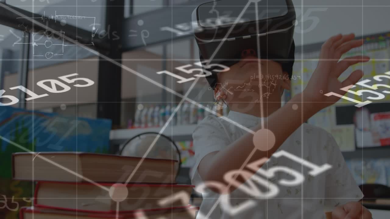 Animation of data processing over boy using vr headset