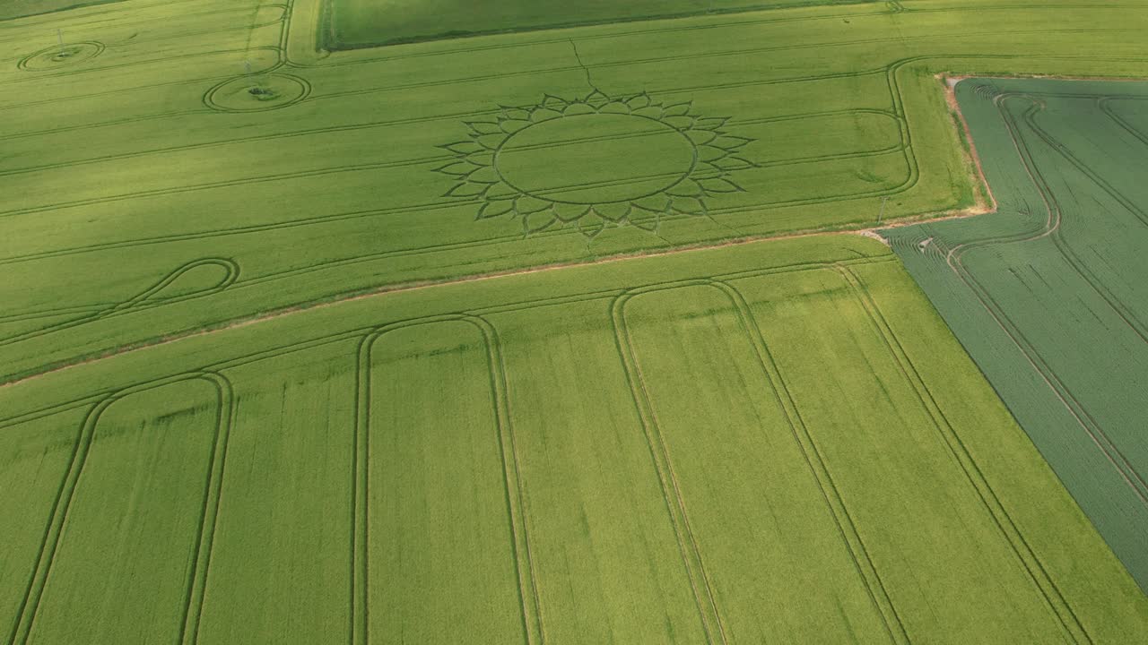 impresionantes patrones de obras de arte en las tierras de cultivo de cereales, desde el aire