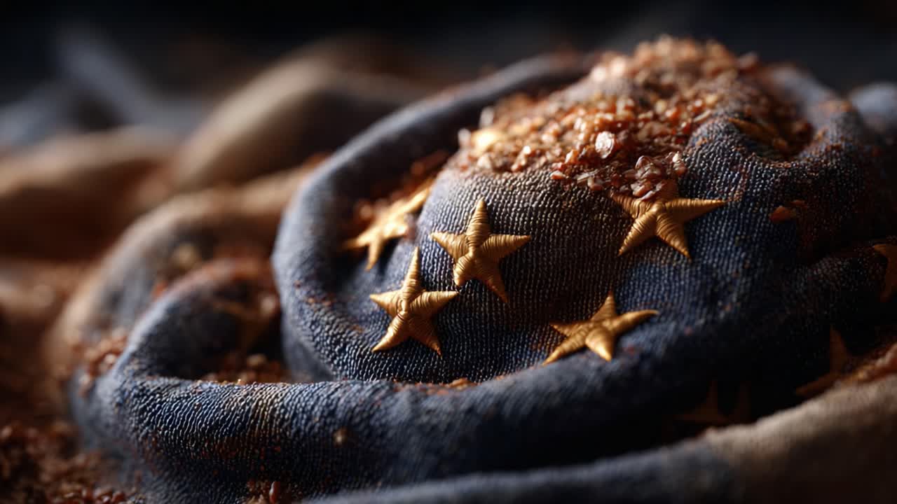 Close-up of a detailed fabric with a star pattern, showcasing intricate textures and a mix of elements, creating a visually striking composition highlighting artistry and craftsmanship