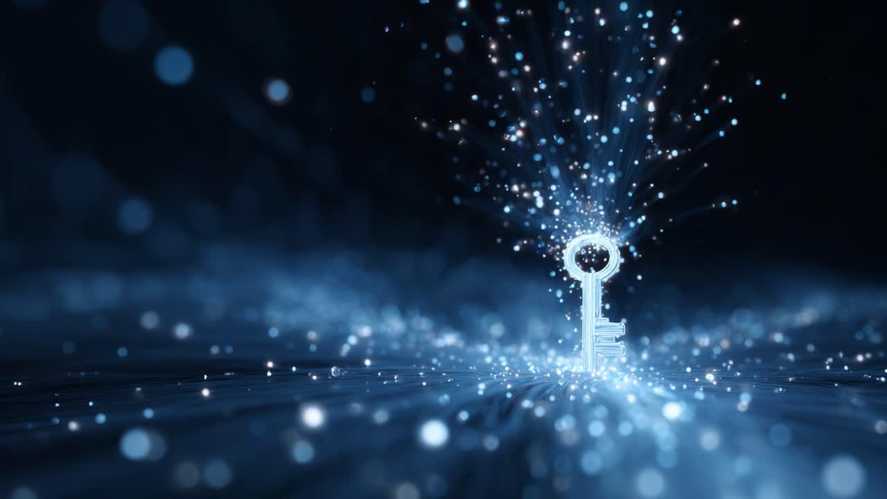 A glowing key emerges from a swirl of shimmering particles, symbolizing unlocking potential and new opportunities in a captivating digital landscape
